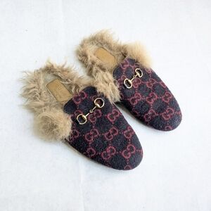 Gucci Princetown Horsebit Loafers Navy Blue Red Men 7 40 Fur Monogram Logo GG